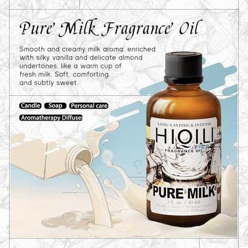 Image of HIQILI Pure Milk Fragrance Oil for Soap Making & Body Wash - 1 Fl Oz | Long-Lasting Scent, Suitable for Home Diffuser, Making Candle, Scrub, Skin Product, Pet Safe, Graduated Dropper Included