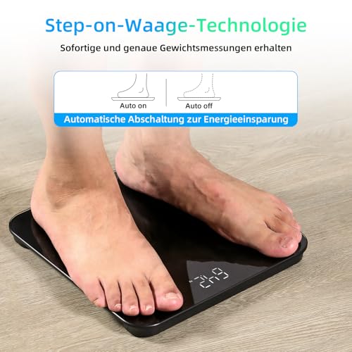 Healthkeep Personenwaage Digital mit LED-Display, Körperwaage mit Hochpräzisions-Sensoren, Präzise Digitale Waage Personen aus Sicherheitsglas bis 180kg, Schwarzes Glas Große runde Ecke 26 * 26cm