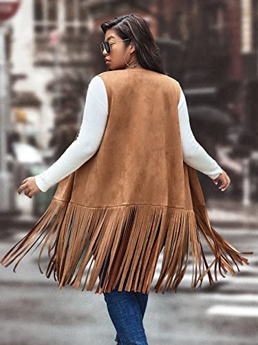 WDIRARA Women's Plus Size Fringe Hem Faux Suede Open Front Cardigan Vest Coat2