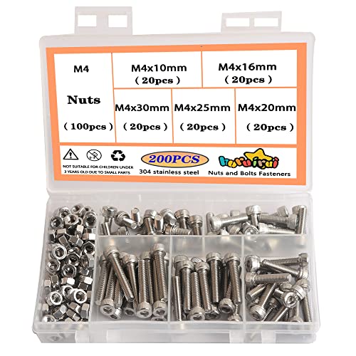 huruirui M4 Hex Socket Head Cap Screws, 304 Stainless Steel Bolts and Nuts Set
