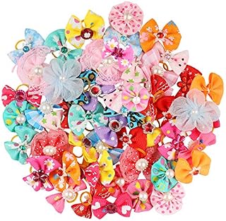 POPETPOP 50pcs Dog Bows with Rubber Bands-Pet Cat Dog Hair Bows Multicolor Rhinestone