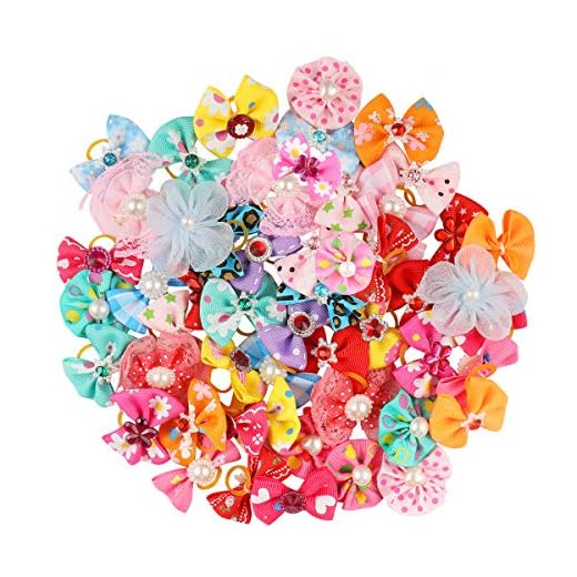 Balacoo 50Pcs Arcos de pelo de perro multicolor con bandas de goma Bandas elásticas de pelo Bowknot Gorros para mascotas Perro de gato (color mezclado)