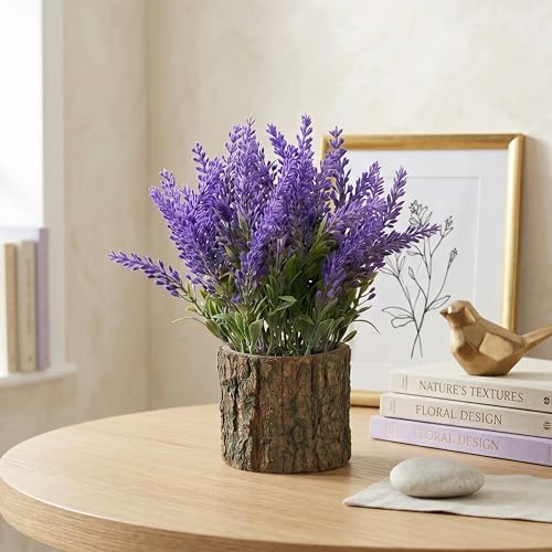 Image of Dekorly Artificial Lavender Flower with Real Wooden Vase (28CM Overall Height) | Decorative Lifelike Faux Floral Plant in Rustic Tree Log Pot for Living Room(Lavender Flower)