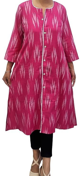 Neeks Ikat Cotton A-Shape Kurta Dark Pink