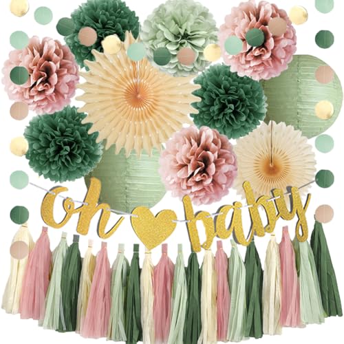 Image of Dusty Pink and Sage Green Baby Shower Decorations Boho Oh Baby Shower Decorations for Girl Dusty Rose and Sage Green Paper Lanterns Pom Poms Beige Fans with Olive Cream Tassel Garland