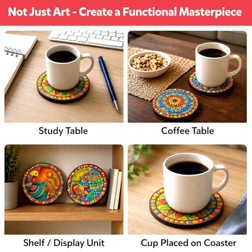 Image of Little Berry Mandala Coaster Painting Kit for Kids & Adults | DIY Wooden Tea Coaster Craft Kit with 6 Pre-Marked Coasters, 12 Non-Toxic Paints, Brush & Stand | Art & Craft Gift for Boys & Girls 5+