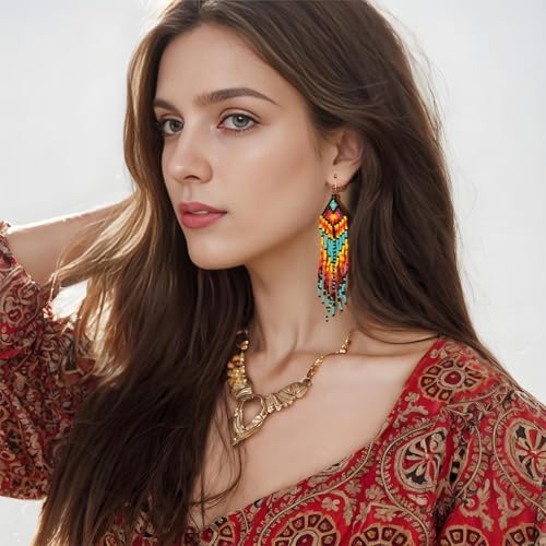 Clip on Dangling Earrings Long Tassel Beaded Boho Stripe Bohemian Earrings No Pierced Seed Bead Tribal Drop Jewelry for Women Party Yellow Blue pink Green Black2