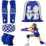 Yinder 4 Pcs Volleyball Accessories Include Knee Pads ,Arm Sleeves , Drawstring Bag,Softball Headbands for Women Volleyball Training Dance(Small,Blue)