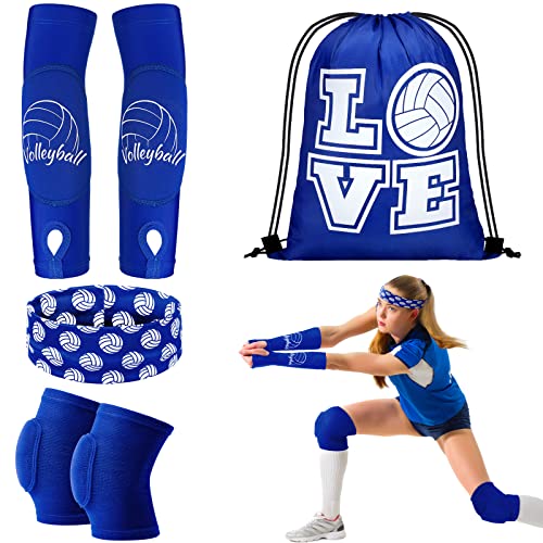 Yinder 4 Pcs Volleyball Knee Pad and Arm Sleeve Volleyball Accessories Stuff Forearm Elbow Sleeve Wrist Guard with Protection Pad and Thumb Hole for Women Men Adult(Small Blue)