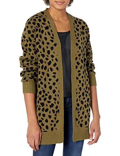 Lucky Brand Women's Long Sleeve Open Front Leopard Mid Length Cardigan, Winter Moss, L
