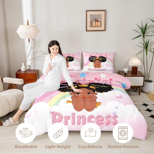 Image of Erosebridal Black Girls Queen Comforter Set Pink Rainbow Princess Bedding Set for Kids Nursery African American Quilt Set Black Princess Girl Duvet Insert Pretty Little Girls Inspirational Bed Set