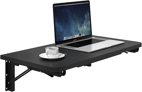 TEAMIX Mesa plegable montada en la pared, escritorio flotante negro para espacios pequeños, mesa de comedor de hojas caídas para cocina, estante