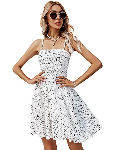 Shein Women's Polka Dot Tie Shoulder Cami Mini Dress Sleeveless Shirred A Line Skater Flare Dresses Pure White Small #TOP3