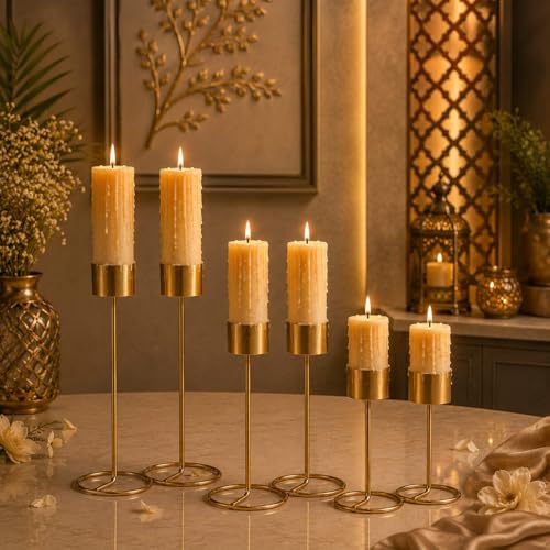 Image of (Set of 6) Gold Metal Taper Candle Holder - Decorative Modern T-Light Stand for Home Decor, Table Centerpiece, Wedding & Festival Decoration, Elegant Golden Stick Holders