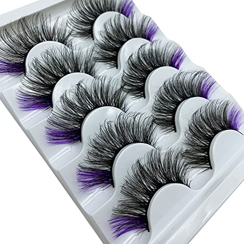 Ruishow False Eyelashes With Purple Colored Strip Faux Mink Lashes Colored Mink Lashes Fluffy Purple Lashes Wispy Cosply Costumes Strip Lashes Pack 5 Pairs #TOP4
