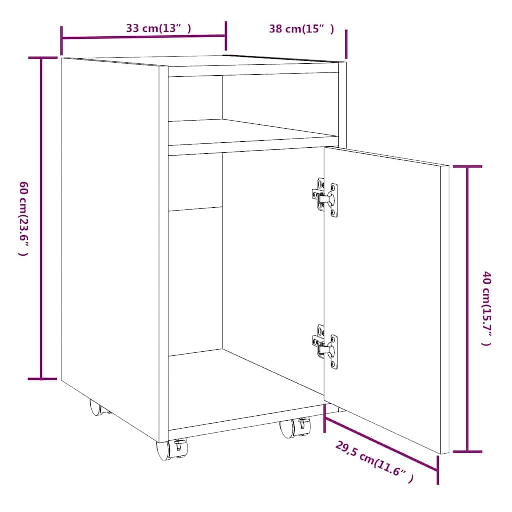 Armadietto con ruote, 33 x 38 x 60 cm, credenza in legno Sonoma, comò con 2 scomparti, per ufficio e soggiorno