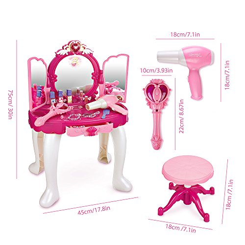 Sainsmart Jr. Pretend Princess Girls Vanity Table With Fairy Infrared Control And Mp3 Music Playing, Princess Dressing Makeup Table, With Mirror, Cosmetics And Working Hair Dryer , Pink #TOP6