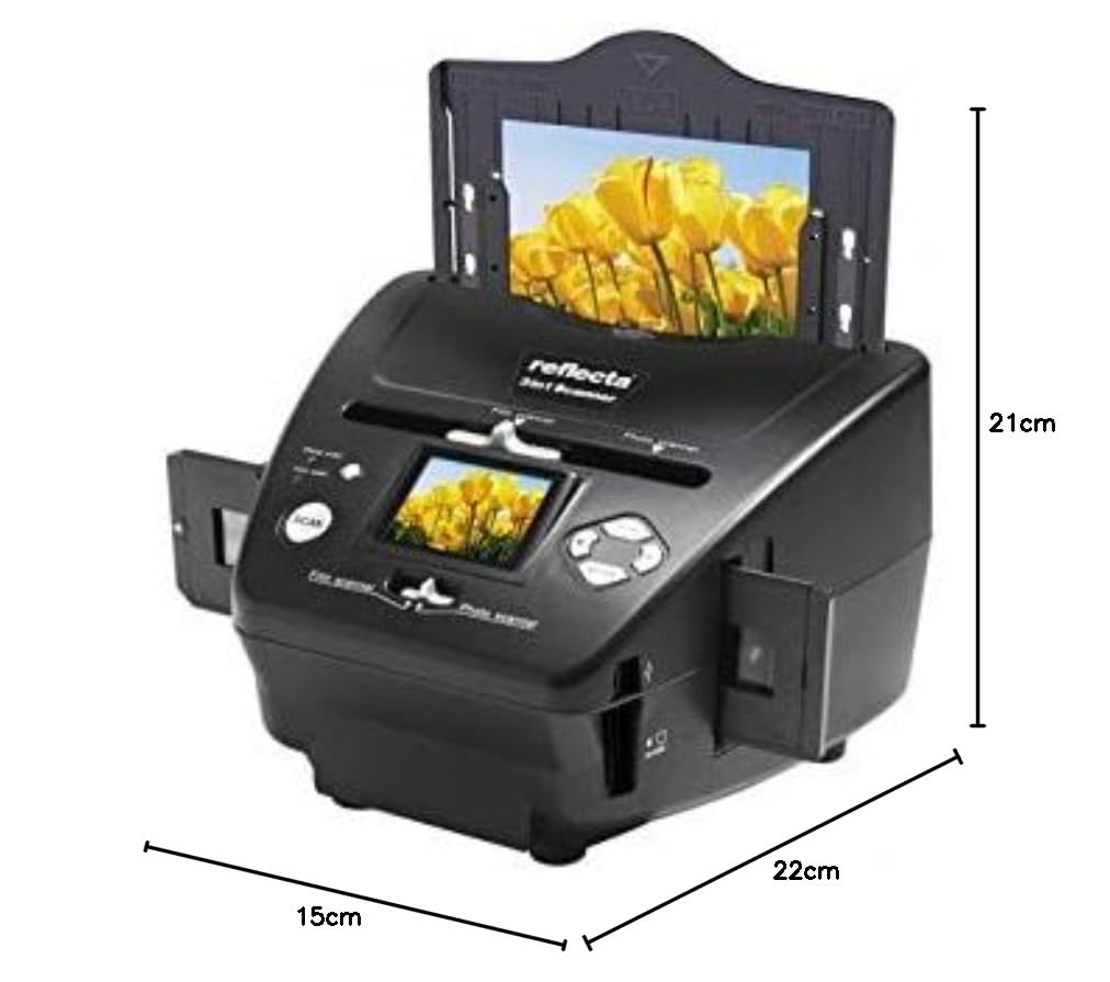 Reflecta 3-en-1 : Scanner diapositives et négatifs photo, Scanner d'impression papier - Capteur CMOS 8MP, Résolution 2300 dpi, Écran LCD 2,4", Compensation d'exposition Automatique/Manuelle