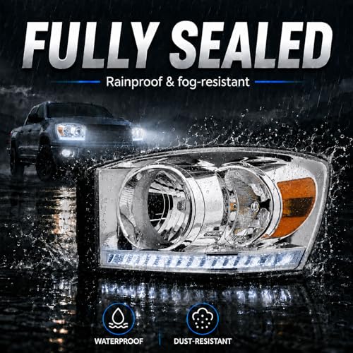 DimFlux LED Headlight Assembly, Headlights Kit Compatible with 2006-2008 Dodge Ram 1500/2006-2009 Ram 2500 3500(Fits Models with Halogen Headlamps Only) Headlamp Chrome Housing Amber Reflector by DimFlux - Image 6