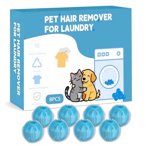 Pet Hair Remover for Laundry, pet Hair Remover for Washer and pet Hair Remover for Dryer, Dryer Balls pet Hair, Reusable Dog & Cat Hair Catcher for Clothes, Bedding & Blankets, Pick of 8