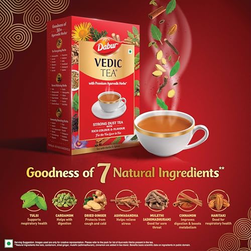 Image of Dabur Vedic Tea - 500gm | Premium Dust Tea | Goodness of 7 Natural Ingredients | Ginger, Elaichi, Dalchini, Tulsi, Adhimadhuram, Ashwagandha, Haritaki | With Real Ayurvedic Herbs