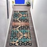 UISBOODR Teppich Läufer Flur rutschfest 90×100cm, Geometrische Rosa Grüne Imitation 3D Muster Korridor Küche Läufer Teppich Polyester Waschbar für Flur Schlafzimmer Wohnzimmer