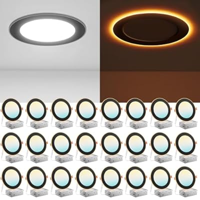 Amico 24 Pack Black 6 Inch 5CCT LED Recessed Ceiling Light with Night Light, 2700K-5000K Selectable Ultra-Thin Recessed Lighting, 12W=110W, 1100LM, Dimmable Canless Wafer Downlight ETL&FCC
