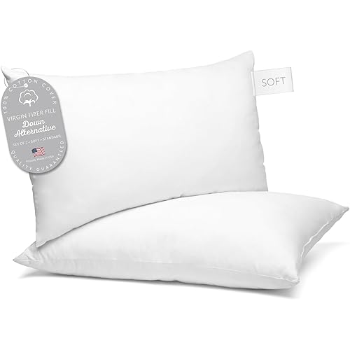 Digital Decor 100% Cotton Luxury Hotel Pillows Standard Size Set of 2, Cooling Down Alternative Bed Pillows for Sleeping, Hypoallergenic Soft Pillows for Side & Back Sleepers, Made in USA, 26" x 20"