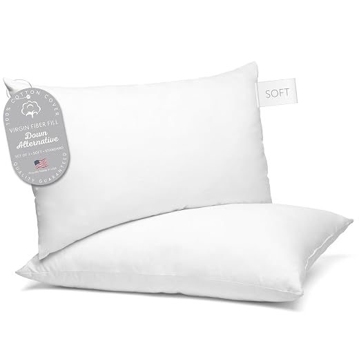 Set of Two 100% Cotton Hotel Down-Alternative Made in USA Pillows - Three Comfort Levels! (Silver, Standard)