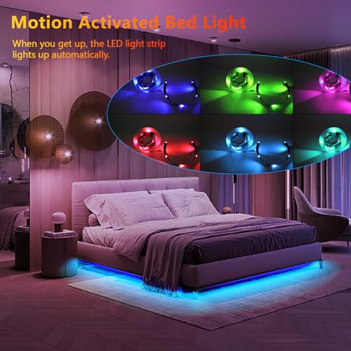 Image of Under Bed Lights Motion Activated LED Light Strip 9.8ftx2, 3 Mode Dimmable RGB LED Lights for Bed with Remote Controller and Timer, Music Sync Color Changing Lights for Bedroom smart home decoration