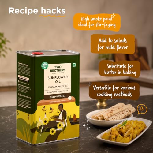 Image of Two Brothers Organic Farms India's Only Certified Glyphosate Free Sunflower Oil I Cold-Pressed (5L) | Rich in Omega-6 & Natural Antioxidants | Pure, Single-Filtered | Ideal for Frying, Sauteing & Tadka
