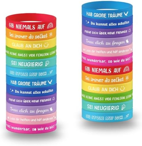LTANQIN 24er Motivationsarmbänder Kinder 18cm Silikonarmbänder auf Deutsch | Schöne farbenfrohe Armbänder Mitgebsel Kindergeburtstag Schultüte Füllung Einschulung Geschenk Schulkin