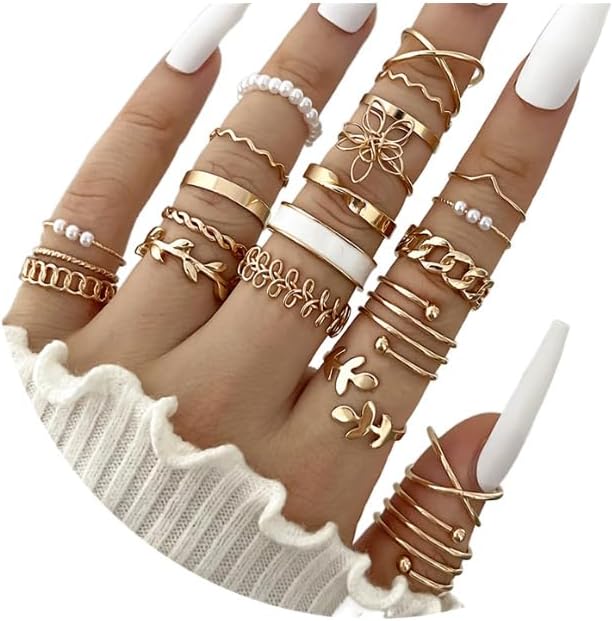 Boho Stackable Rings Set for Women,Vintage Knuckle Ring Set Preppy Y2k Leaf Top Flower Pearl knuckle Rings Set