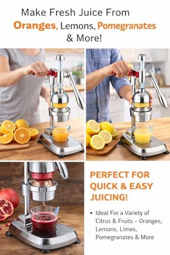 Image of Manual Citrus Juicer Heavy Duty Aluminum Hand Press - Professional Fruit Juicer for Orange, Lemon, Lime & Pomegranate - Easy Press, Durable, Kitchen Countertop Juice Extractor (Silver)