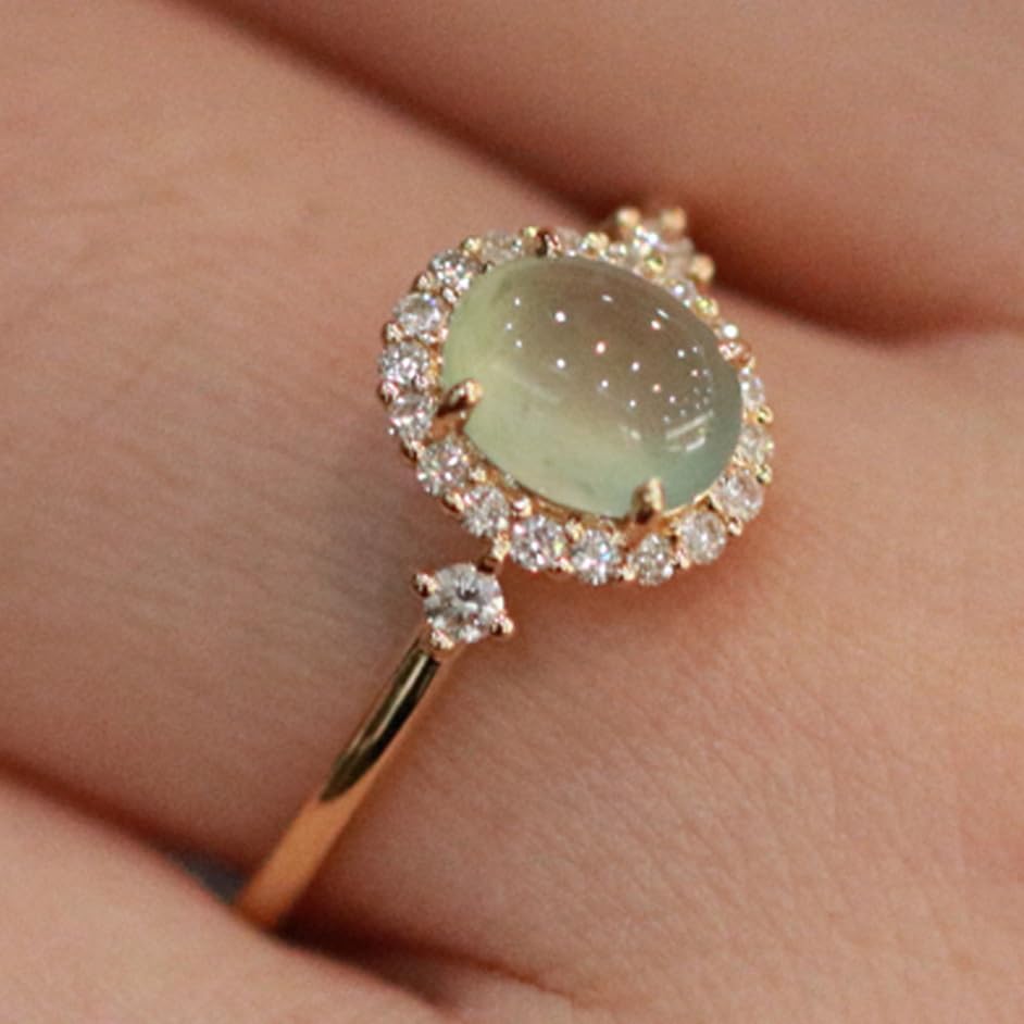 ZDIFDIC Pale Green Jade Ring for Women Vintage Oval Gemstone 18K Gold Ring Cubic Zirconia Wedding Engagement Single Stone Jade Halo Ring Open Adjustable Ring for Her3