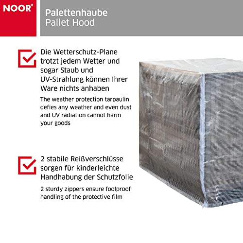 NOOR Palettenhaube für Gitterbox & Euro-Paletten 125 x 85 x 98 cm I Wasserdichte Abdeckplane mit Reißverschluss & Ösen I Reißfeste Abdeckhaube für Paletten-Boxen I Wetterresistente Folie I Transparent