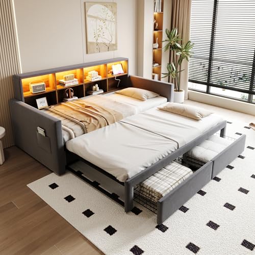 Merax Cama Convertible 90/180 x 190 cm, Sofá Cama Extensible con Cama Nido, Cabecero de Cama con Almacenamiento, LED y Enchufes USB Tipo C, 2 Cajones, Somier de Latones, Terciopelo, Gris (sin colchón)