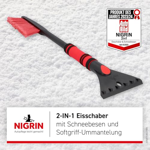 NIGRIN Eiskratzer Auto mit Schneebesen, ergonomischer rutschfester Softgriff, aus hochstabilem ABS, Schwarz-Rot