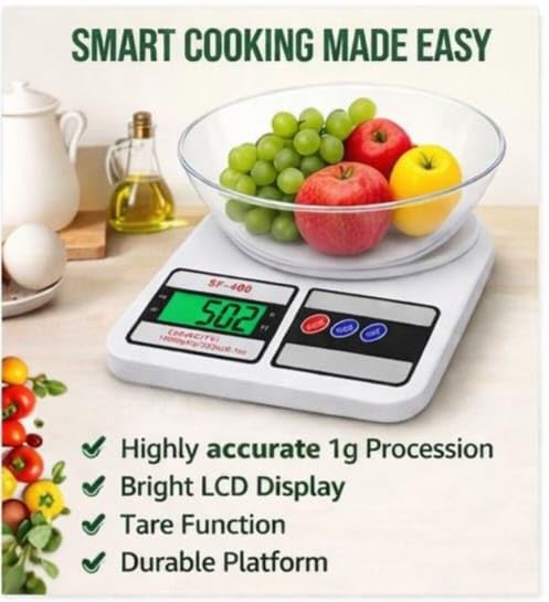 Image of HOSANA Series Digital Kitchen Weighing Scale 10 kg, Electronic Weight Machine with LCD Display for Baking, Cooking, Food & Diet, SF-400 /A121.