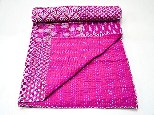 YUVANCRAFTS Indian Home Decor Handmade Kantha Quilt Pure Cotton Traditional Patch Work Queen Quilt Blanket Bedspreads Throw