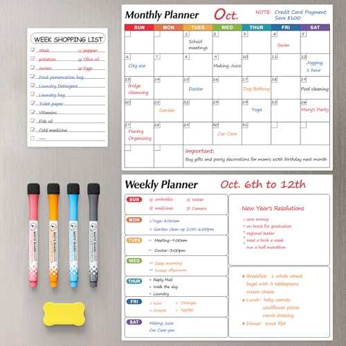 Dry Erase Magnetic Calendar for Refrigerator, 3 Pack- Monthly & Weekly & Daily Planner Magnet Whiteboard for Fridge Wall Door - Shopping, Meal/Menu, to Do List, Family Schedule Planning Board (D)