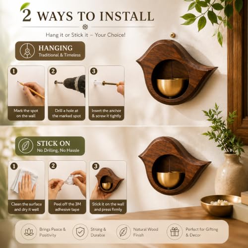 Image of Wooden Door Bell with Brass Bowl | Magnetic Door Chime Bell | Shopkeepers Doorbell for Door Opening | Decorative Magnetic Chime | Ideal for Home, Shop & Housewarming Gift - Bird Shape