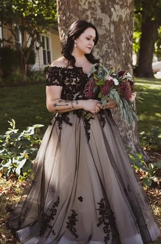 Black Wedding Dresses for Bride Off Shoulder Bridal Gown with Train Gothic Lace Appliques Wedding Gown4