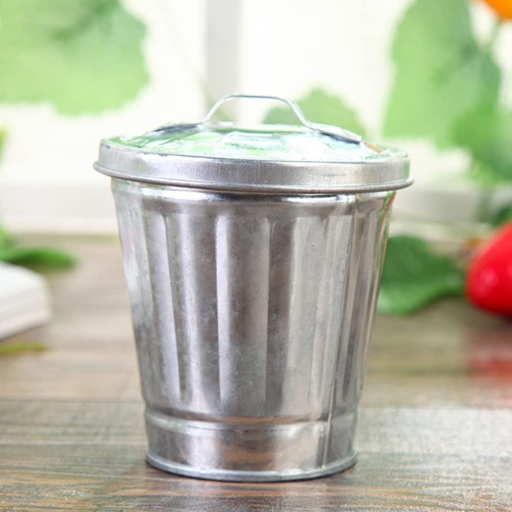 Gadpiparty Mini Metal Trash can with Lid - Compact 3.74X3.54X3.54In Desktop Garbage Bin for Office and Home Storage Jar Silver Small Desk Wastebasket
