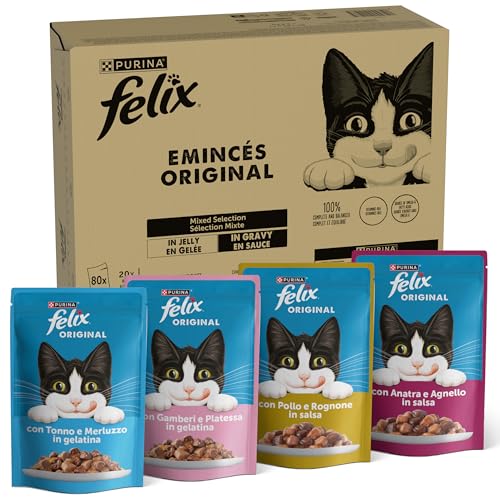 FELIX Original Cibo Umido per Gatti Adulti con Tonno, Gamberetti, Pollo, Anatra 80 Buste da 85g