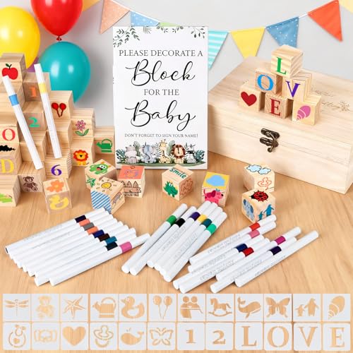 128 Stück Babyparty Spiele Set，Bauklötze Bemalen Babyparty Deko Mit 48