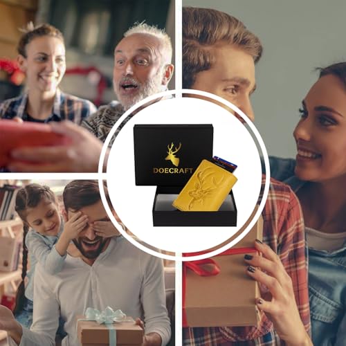 Image of Men's Genuine Leather RFID Wallet | Premium Slim Red Wallet for Men with Deer 3D Print | 8 Card Slots Secure and Durable | Casual Stylish | Formal & Gifting Use, Yellow and Silver