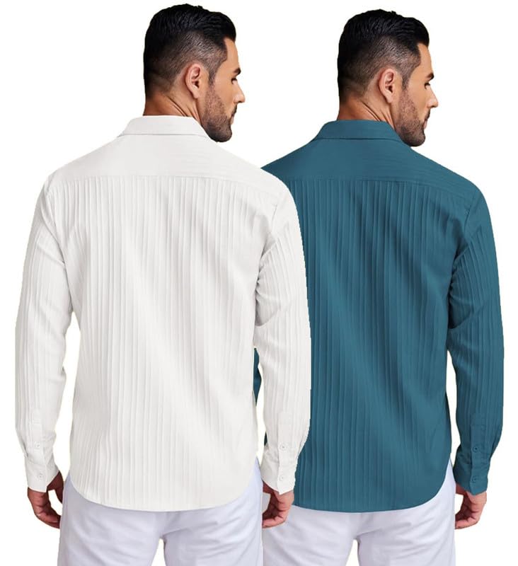 Image of DEELMO Combo of Men's Casual Button Down Shirts Long Sleeve Linen Shirt Fashion Textured Summer Shirts Pack of 2