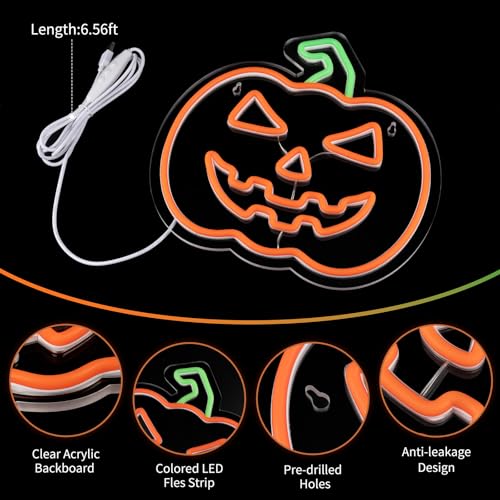 Image of MissAudrey Halloween Light Up Pumpkin Neon Sign, Neon Sign Halloween Window Hanging Lights, Green Orange Acrylic Thanksgiving Art Wall Fall Decor for Home Bedroom Bar Pub Club Party，5V USB Powered