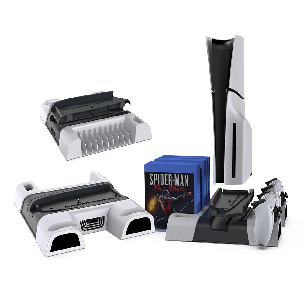 BeisDirect Dispositivo di raffreddamento sottile per PS5, supporto di raffreddamento verticale, stazione di ricarica PS5 con indicatori LED, ventola di raffreddamento con 10 slot di gioco per console